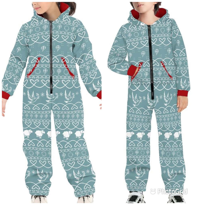 Christmas Jumpsuit Pajama sets with Sheep & Dove (Turquoise )