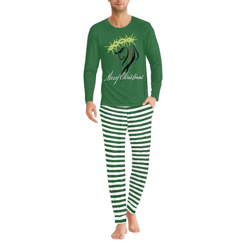 Merry Christmas Jesus Face Pajama Sets  (Green Stripe)