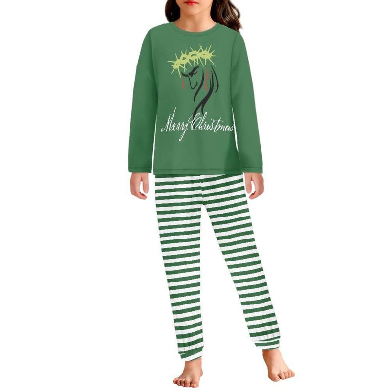 Merry Christmas Jesus Face Pajama Sets  (Green Stripe)