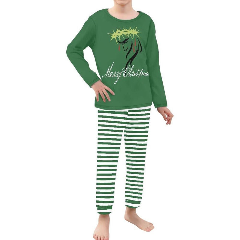 Merry Christmas Jesus Face Pajama Sets  (Green Stripe)